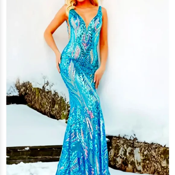 jovani iridescent sequin dress jovani white mermaid prom dress White Iridescent Sequin Prom Dress V Neck Mermaid Formal Evening Gown Straps White / US4